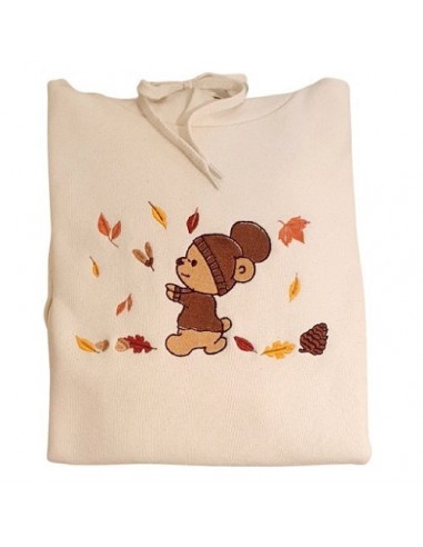 Sweat-shirt écru - Broderie Ourson et feuilles d'automne En savoir plus